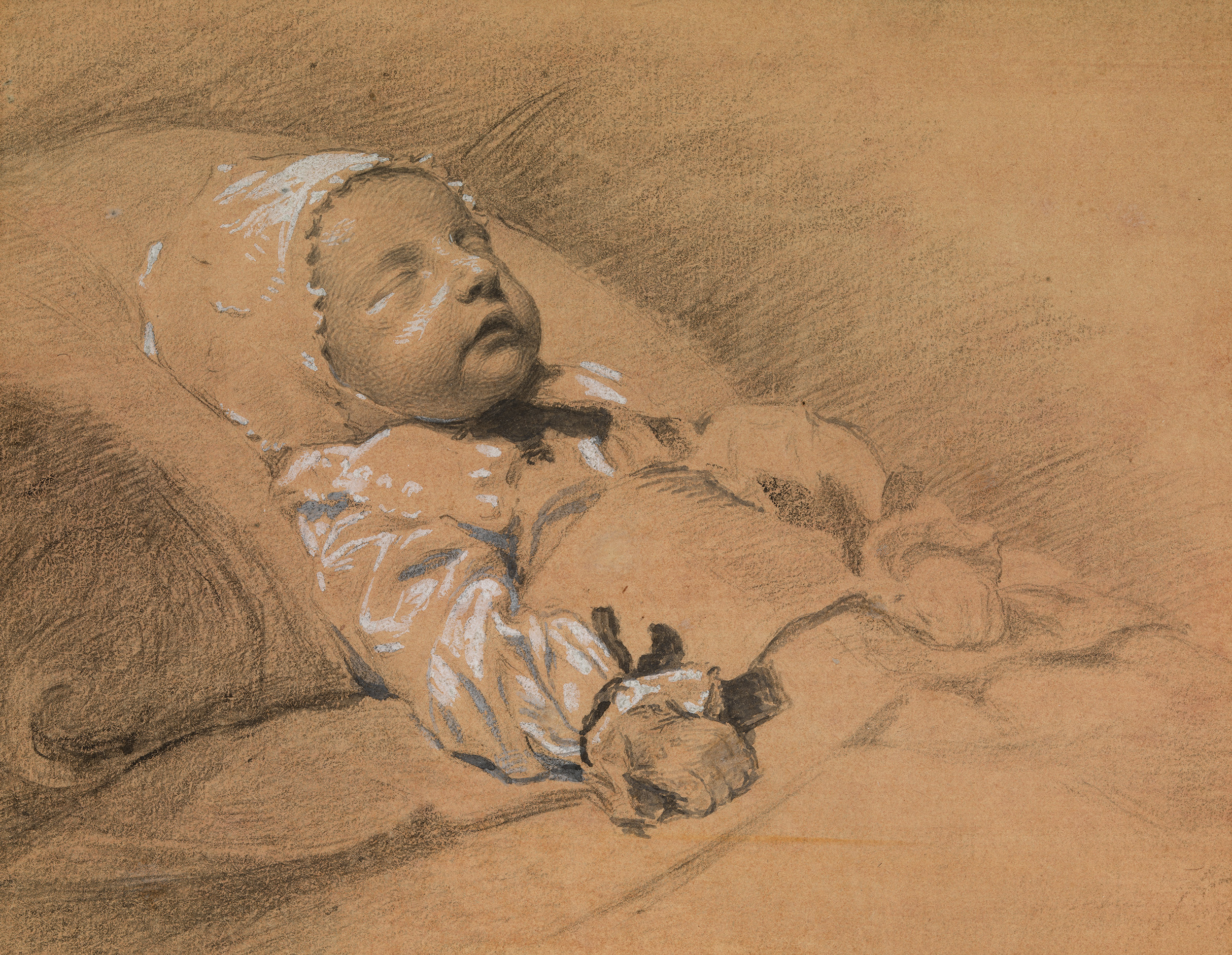 Samuel Cooper (1607-1672) Portrait of a Dead Child Pencil and black chalk heightened with white on paper prepared with an orange/pink wash 5 ½ x 7 ins